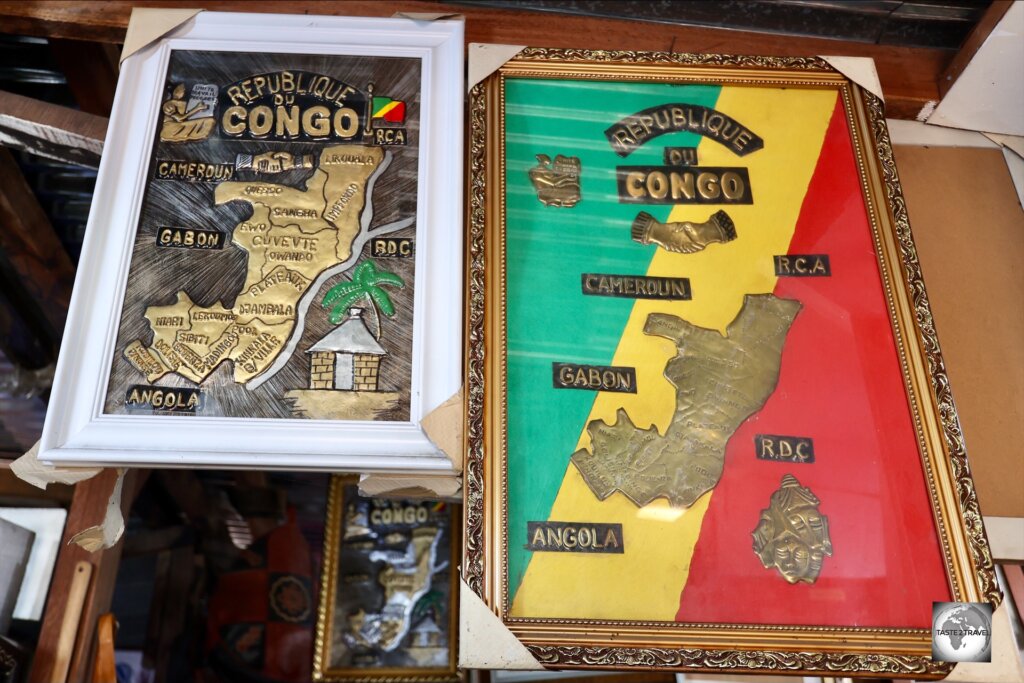 Souvenir copper maps of the Republic of the Congo, showing all neighbouring countries.