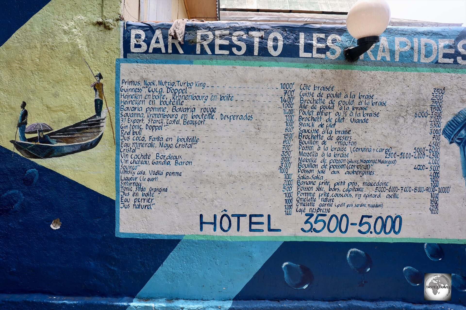 The menu at Bar Restaurant Les Rapides, which overlooks the rapids on the Congo River.