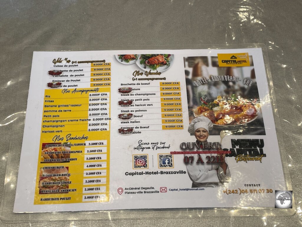 The menu, at the Capital Hôtel restaurant in Brazzaville.