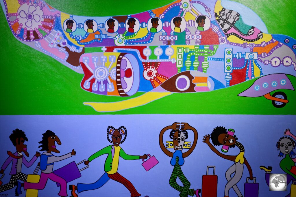 The gallery exhibits and eclectic collection of paintings and sculptures by emerging and established African artists.
