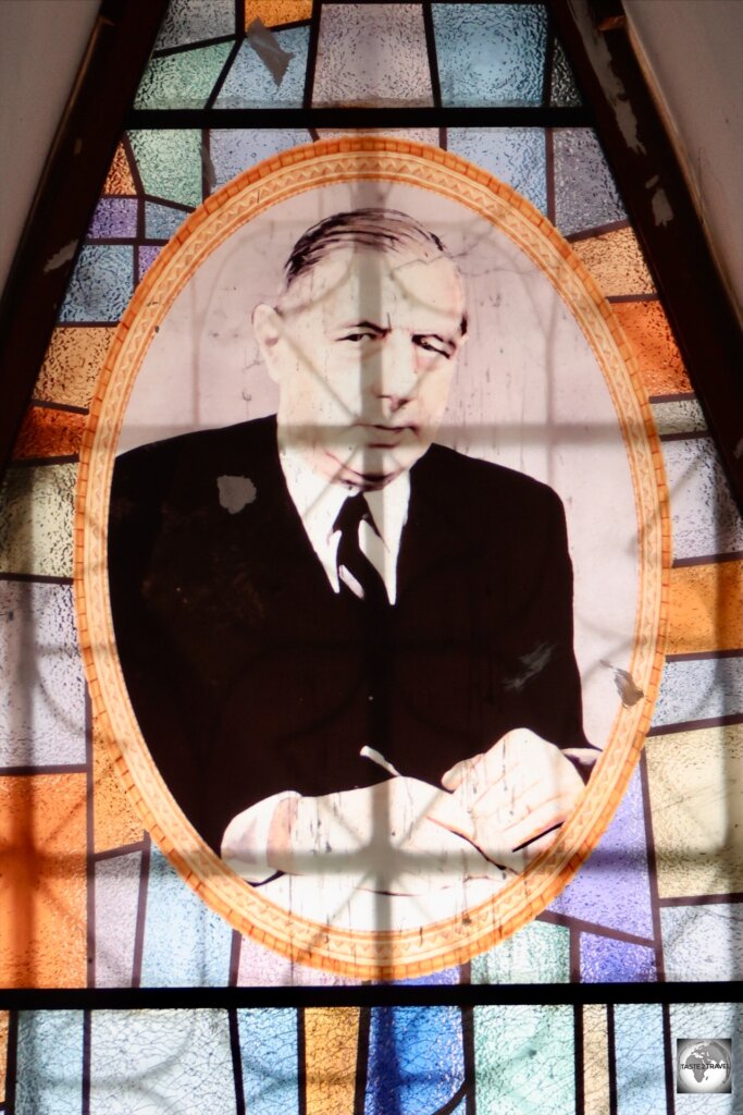 A stained glass window at Sainte-Anne of the Congo Basilica features a portrait of Charles de Gaulle, in recognition of his generous donation towards construction costs.
