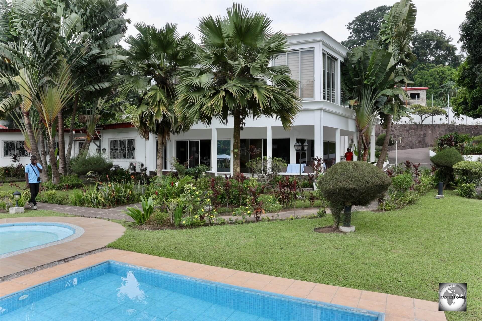 The grounds of the Brazzaville Beach Hotel, which overlooks the Djoué River dam.