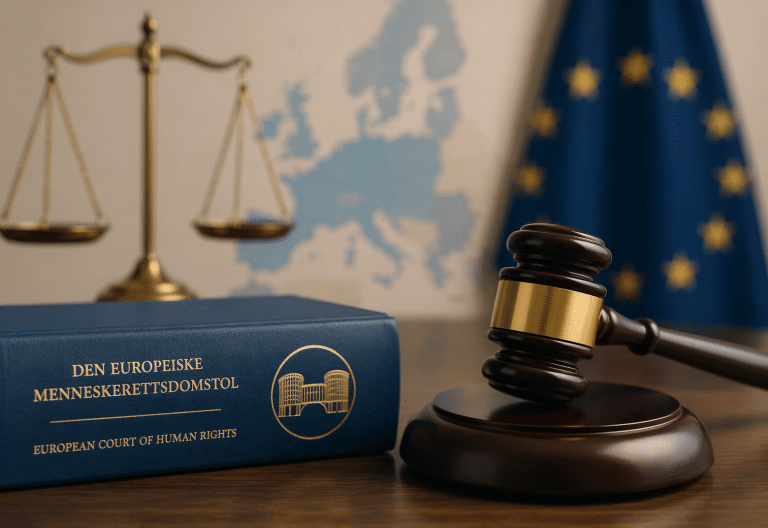 Dommerhammer, lovbok fra Den europeiske menneskerettsdomstolen og vekt med Europa i bakgrunnen