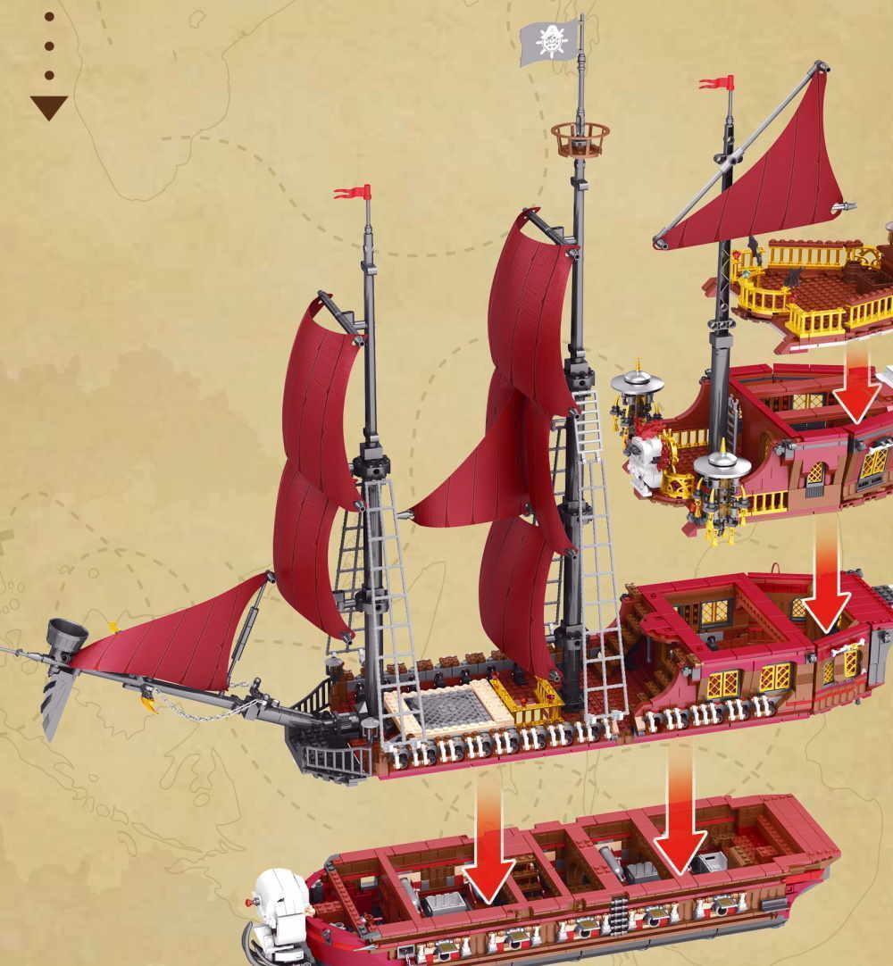 Trójmasztowiec piracki „Pirate Revenge” z 10 armatami z klocków kompatybilnych z LEGO