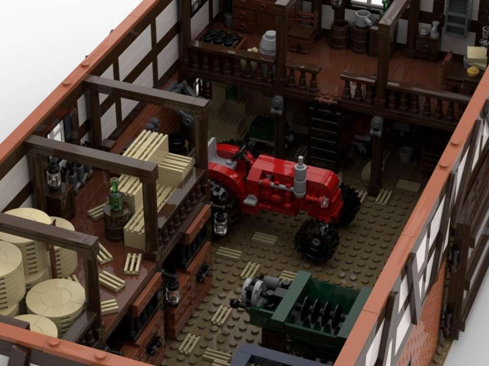 Duża stodoła z klocków kompatybilnych z LEGO w stylu Fachwerk