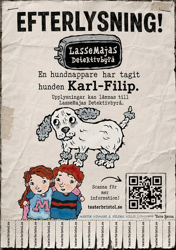 Affisch för Biografmysteriet med efterlysning av hunden Karl-Filip från LasseMajas Detektivbyrå.