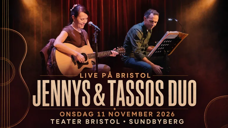 Jenny och Tasso framför akustisk musik med gitarr och piano på Teater Bristol den 11 november 2026.