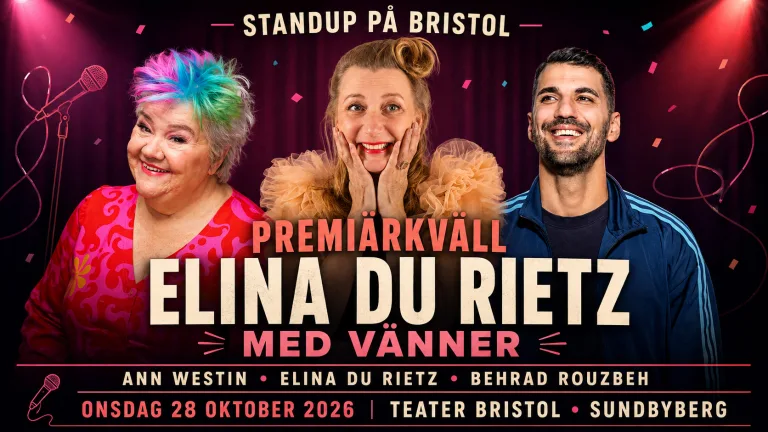 Ann Westin, Elina Du Rietz och Behrad Rouzbeh inför standup på Teater Bristol den 28 oktober 2026.
