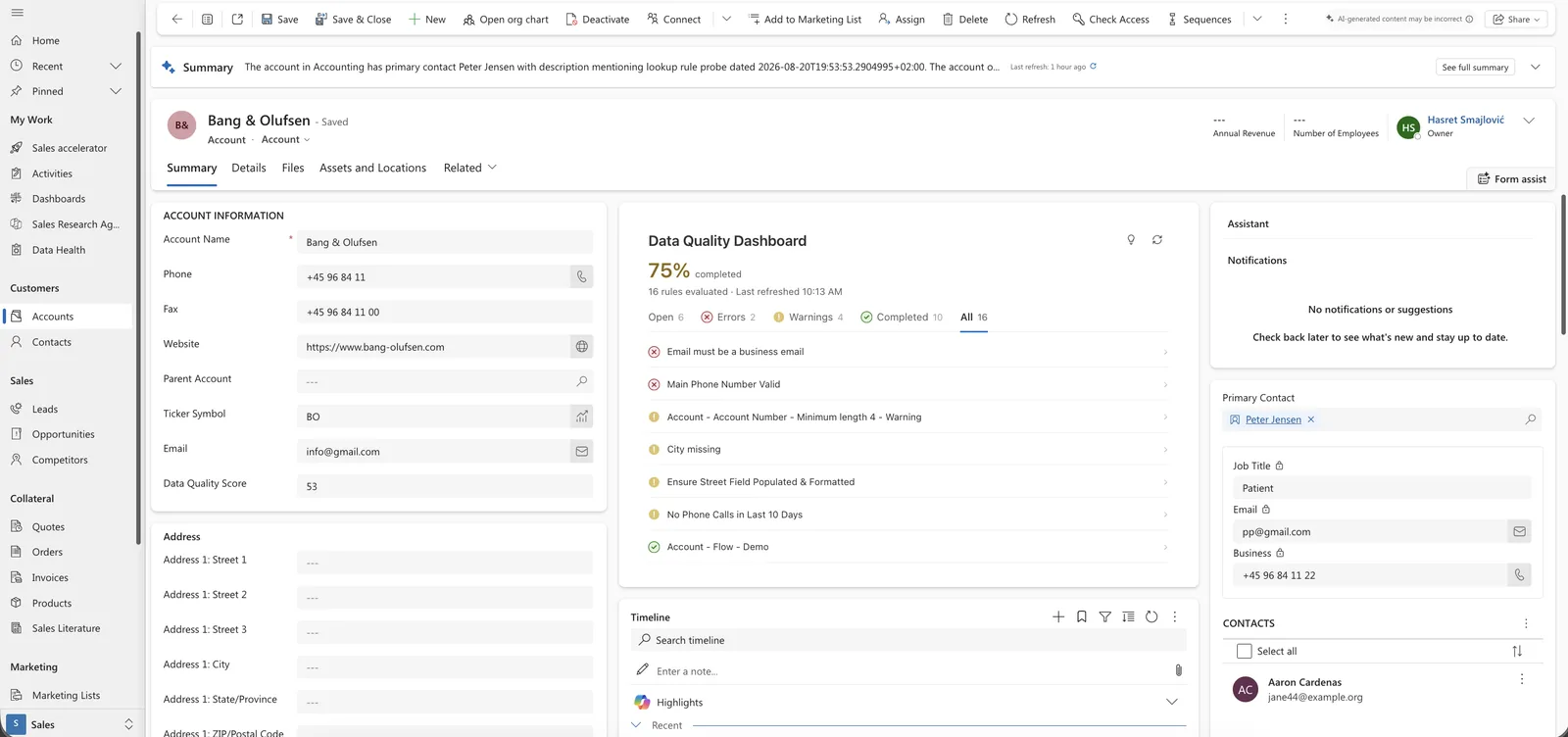 Dynamics 365 record with the embedded Data Quality Dashboard