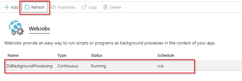WebJob status, Running