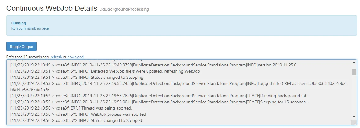Startup log showing version, settings and CRM sign-in
