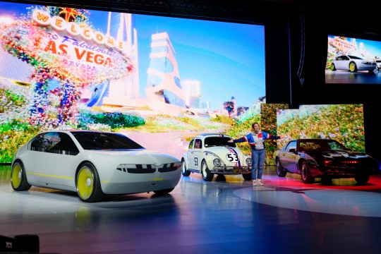 Herbie the Love Bug and KITT from Knight Rider joined the BMW i Vision Dee on stage in Las Vegas (Picture: AP)