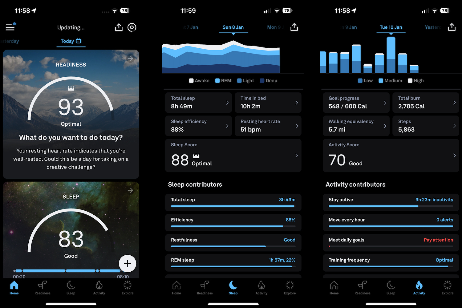 Screenshots showing the Oura Ring's app and data.