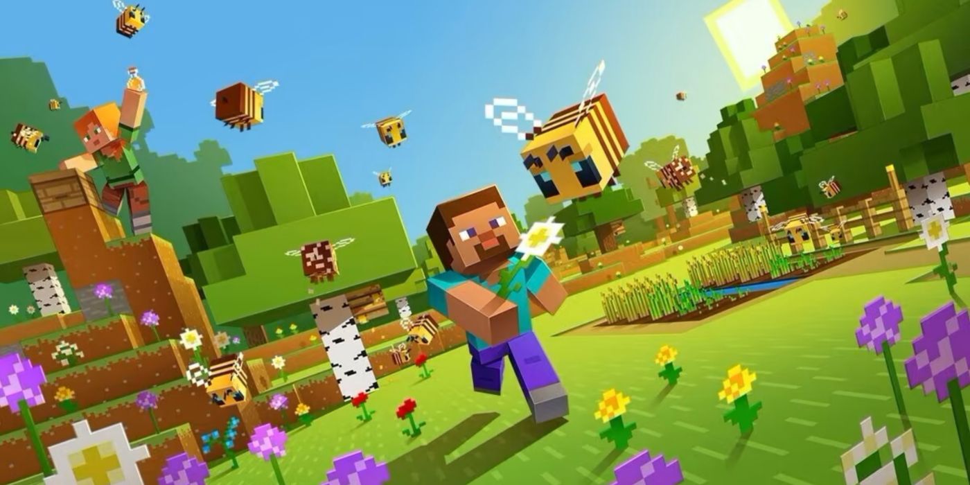 Minecraft promo art featuring players exploring a field full of bees.