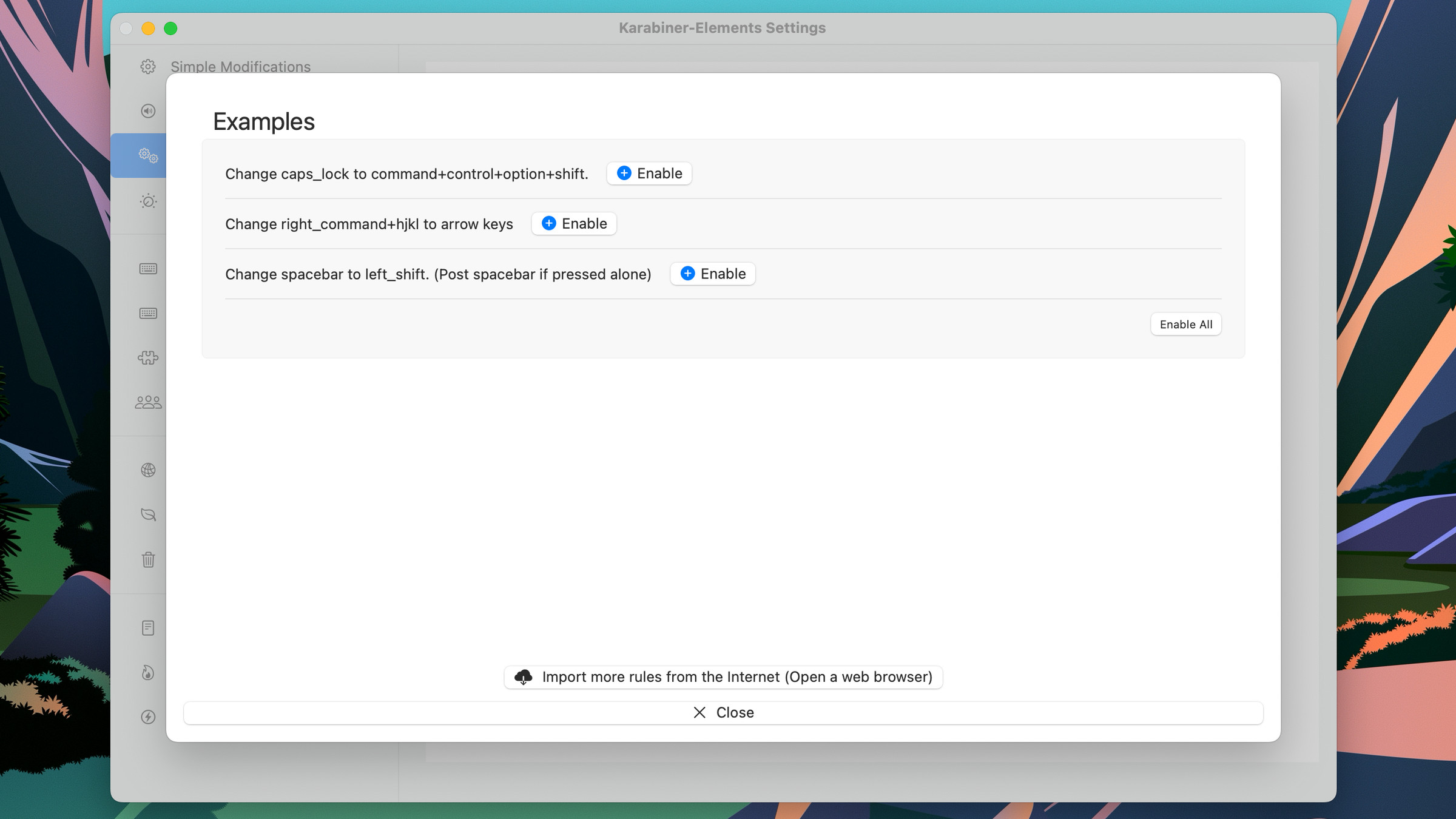 Screenshot of the “Complex Modifications” tab of Karabiner Elements