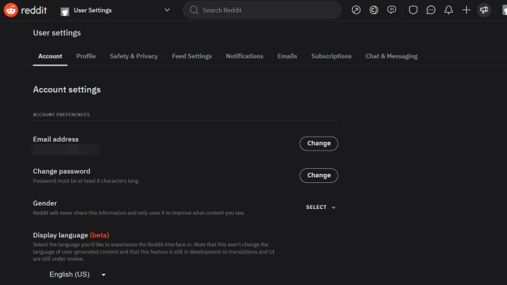 Reddit User Settings menu.