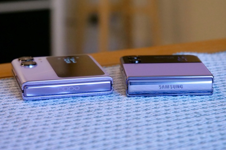 The Samsung Galaxy Z Flip 4 and Oppo Find N2 Flip folded up on a table.