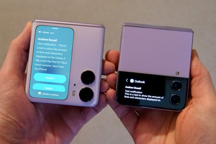 Notifications on the Samsung Galaxy Z Flip 4 and Oppo Find N2 Flip cover screens.