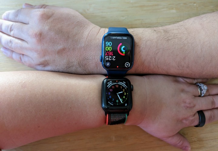 Apple Watch Series 5 40mm compared to Apple Watch Series 7 45mm on wrists