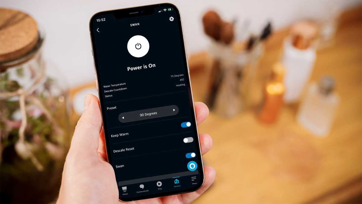 iPhone with the Alexa app open to the Swan kettle device page