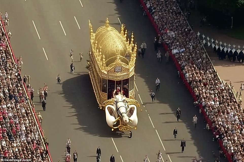 The and King and Queen travel in a golden tram carriage pulled by a bizarre swanlike creature on wheels