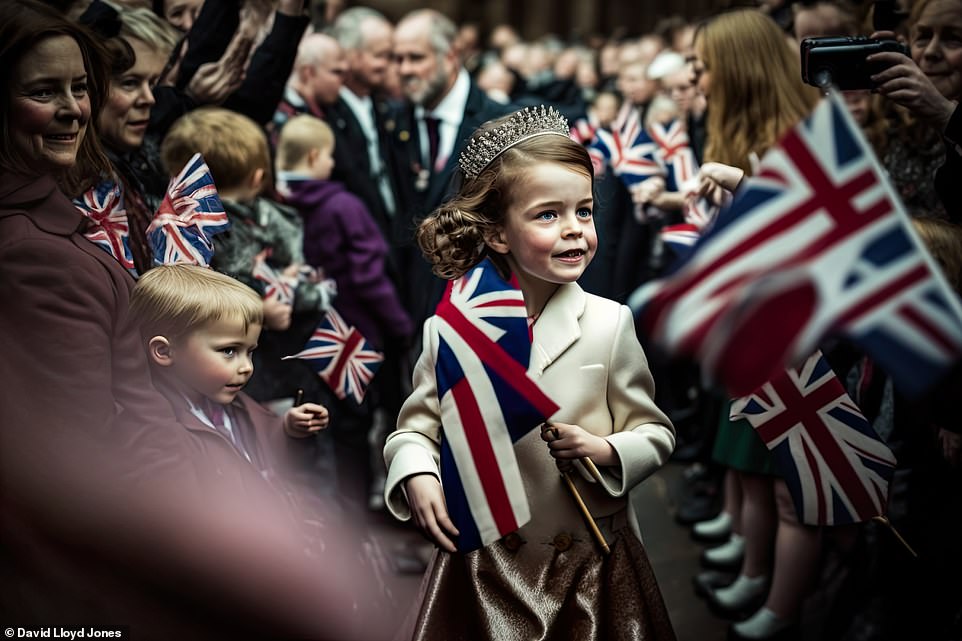 Happy and glorious: AI has created a young royal walking down a line of flag-waving revellers - who on earth is it meant to be?