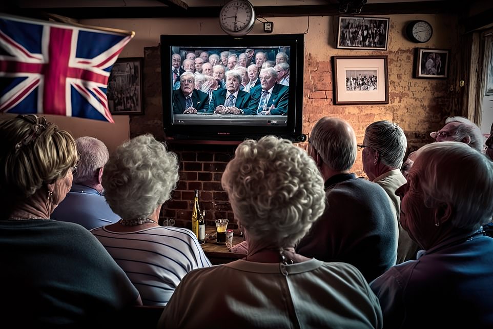 Something to celebrate: Pub locals appear to be engrossed in a court room drama... and NOT the coronation in this image