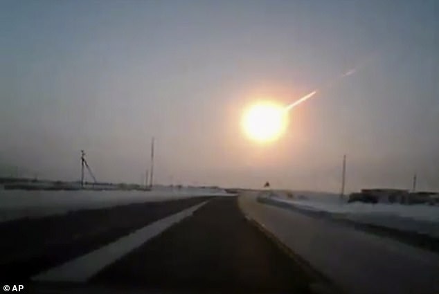 The last significant impact was on February 15, 2013, known as Chelyabinsk. Pictured is the moment the 60-foot meteor streaked through the skies over Russia