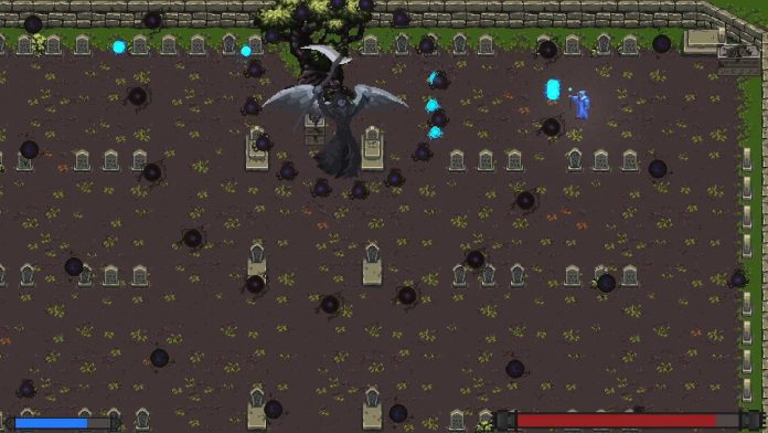 A demonic being shoots projectiles in a graveyard.