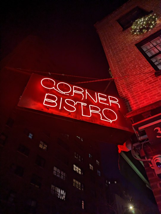 Pixel 7 Pro night mode photo of a neon sign that says "Corner Bistro."