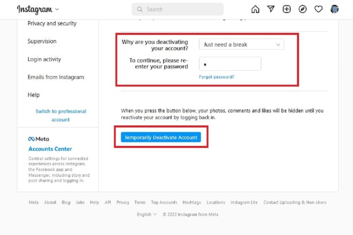 Deactivating Instagram account on desktop web.