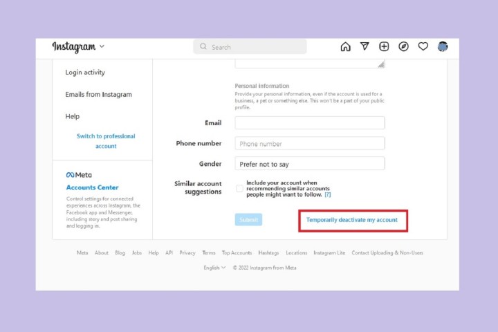 The deactivate account option on the desktop web version of Instagram.