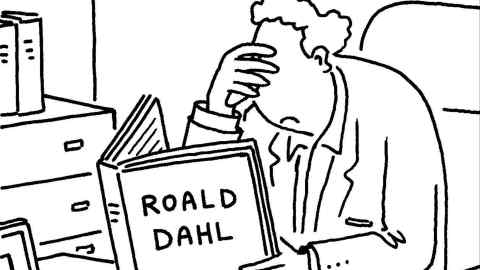 Cartoon of a man seated behind his desk and covering his eyes while reading a book titled Roald Dahl