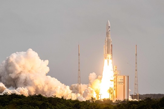 Arianespace's Ariane 5 rocket carrying the JUICE spacecraft blasts off from Kourou, French Guiana