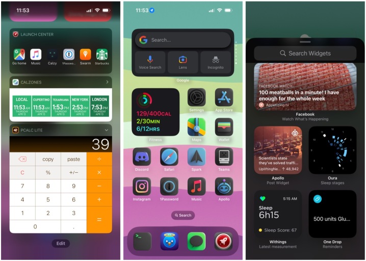 Example of interactive widgets in the Today view, compared to home screen widgets