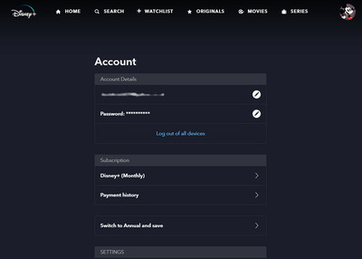 Account page for Disney Plus.