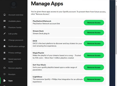 Spotify page with Manage Apps on top, a menu on the left side, and a list of apps down the center with a green Remove Access button next to each.