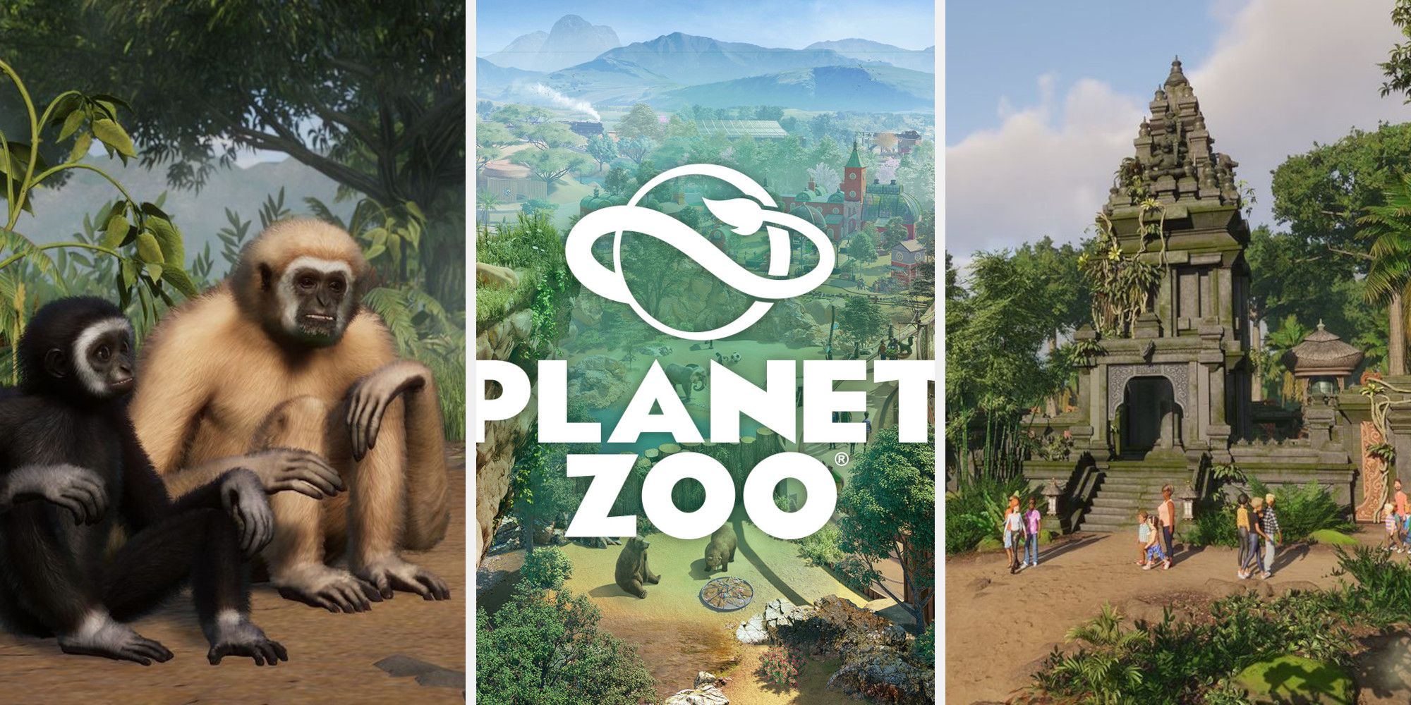 Three images from Planet Zoo: two monkeys sitting together, the Planet Zoo logo, and a temple-like building.