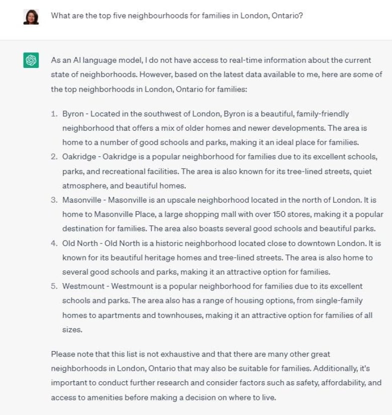 A picture of an openAI list of top neighbourhoods in London, Ontario for families. The list includes Byron, Oakridge, Masonville, Old North and Westmount.