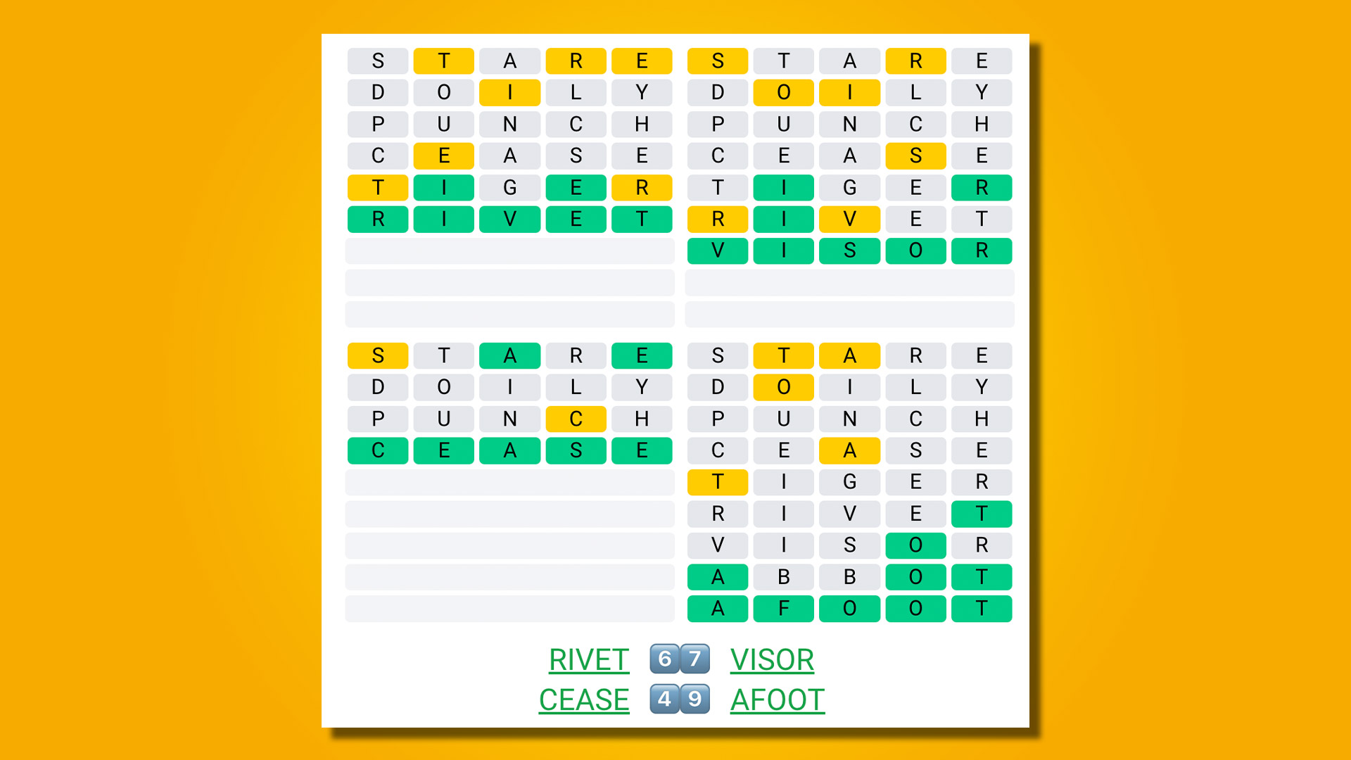 Quordle answers for 438 on a yellow background