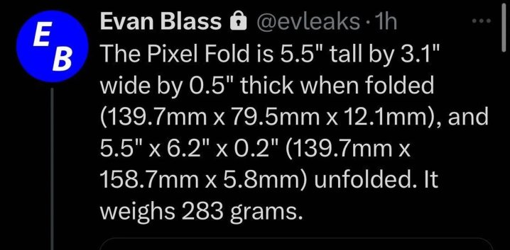 @evleaks tweets with leaked Google Pixel Fold specs