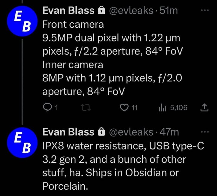 @evleaks tweets with leaked Google Pixel Fold specs