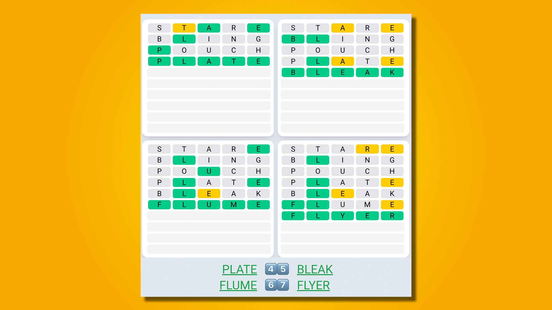 Quordle Daily Sequence answers 469 on a yellow background