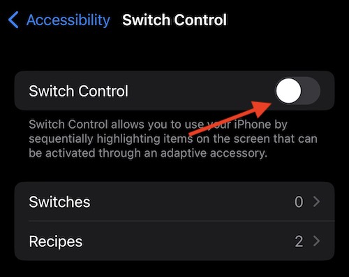 Switch Control is under Accessibility Settings. 