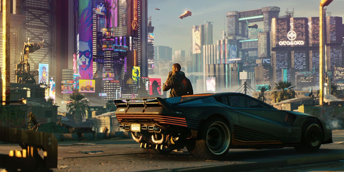 Male V stands by his car overlooking Night City in Cyberpunk 2077's promotional art