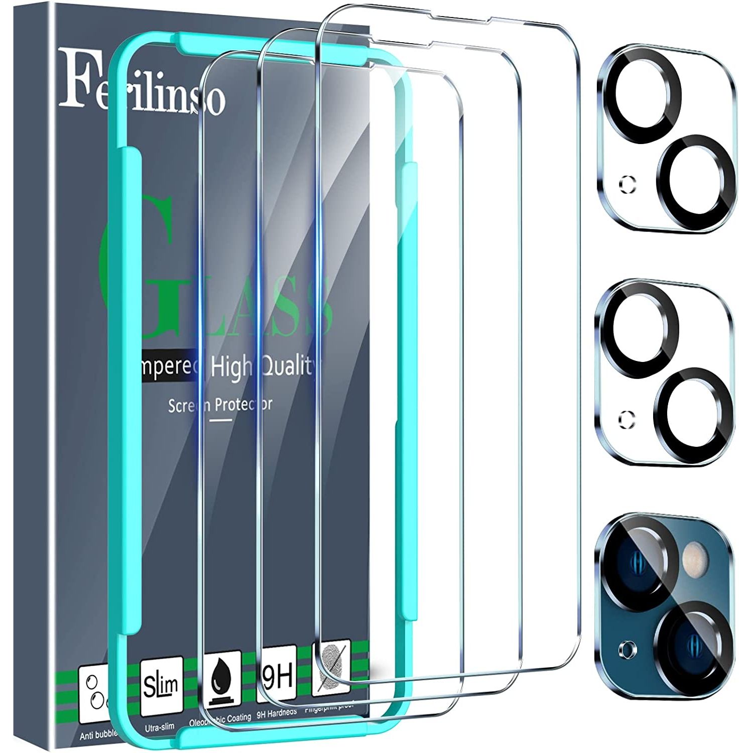 Render of the Ferilinso 6-in-1 screen protector for iPhone 14