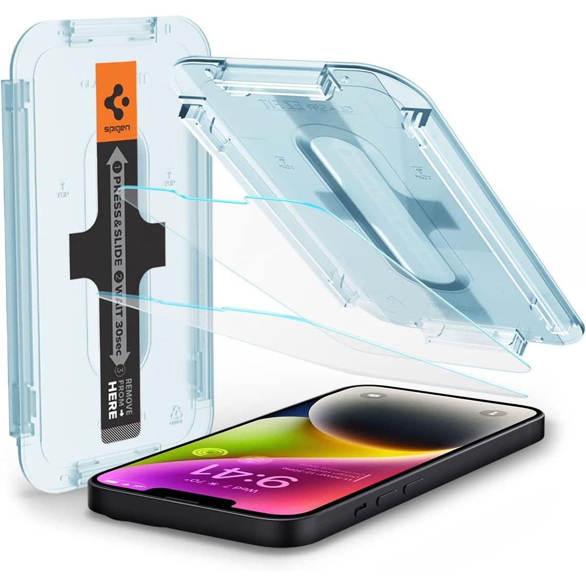 Render of the Spigen tempered glass screen protector for iPhone 14