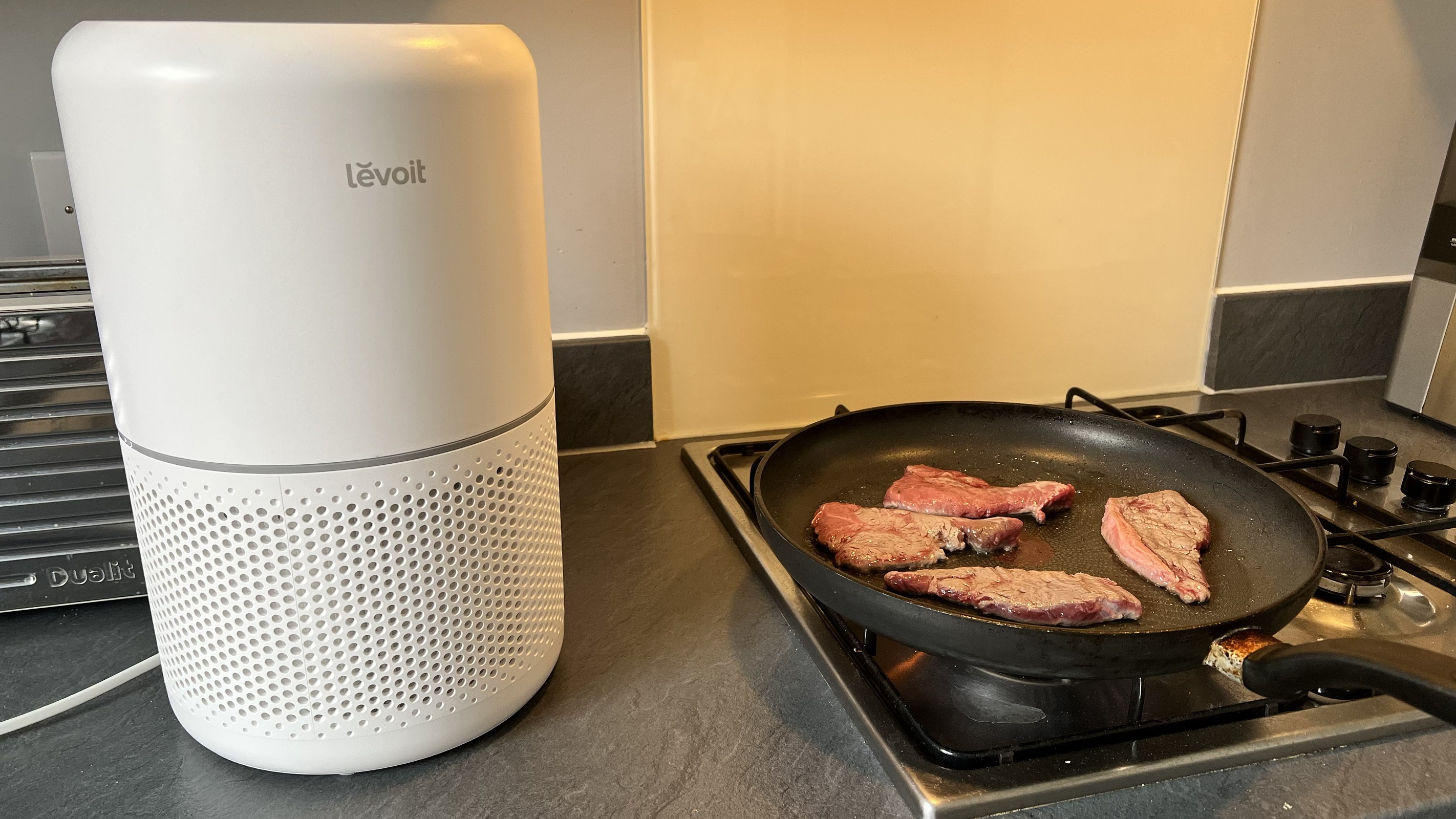 Levoit next to steak cooking