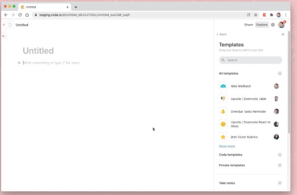 This screenshot of Coda.io shows the various templates that can be used