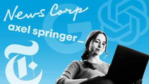 Montage with News Corp, Axel Springer and New York Times logos, and with OpenAI and Google logos in the background. Woman on laptop in the front